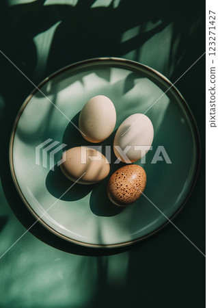 AI-Generated Still Life illustration of Organic Eggs on a Ceramic Plate with Natural Shadows 123271427