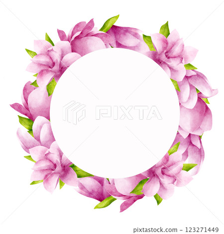 Wreath, round frame of pink magnolias with leaves on a white background with a white plate for text. Hand drawn watercolor illustration. Suitable for the design of cards, invitations for celebrations. 123271449