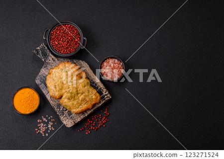 Delicious fried pork or chicken chops breaded with salt and spices 123271524