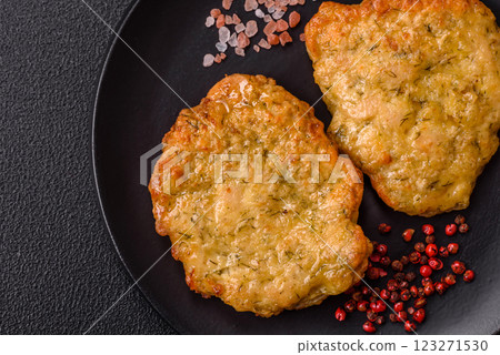 Delicious fried pork or chicken chops breaded with salt and spices 123271530