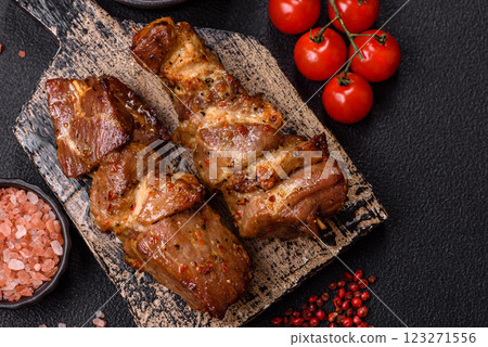 Delicious grilled chicken, turkey or pork skewers with salt, spices and herbs Delicious grilled chicken, turkey or pork skewers with salt, spices and herbs 123271556