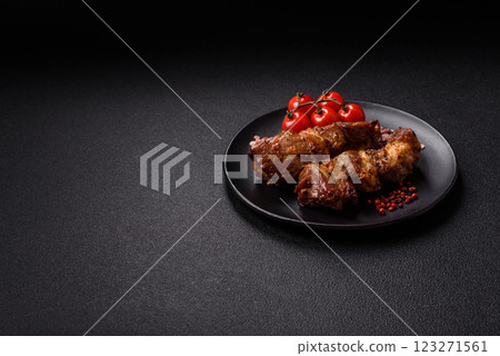 Delicious grilled chicken, turkey or pork skewers with salt, spices and herbs 123271561