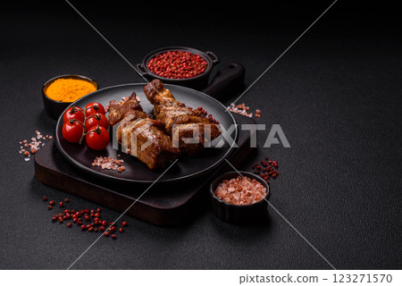 Delicious grilled chicken, turkey or pork skewers with salt, spices and herbs Delicious grilled chicken, turkey or pork skewers with salt, spices and herbs 123271570