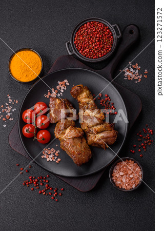 Delicious grilled chicken, turkey or pork skewers with salt, spices and herbs Delicious grilled chicken, turkey or pork skewers with salt, spices and herbs 123271572
