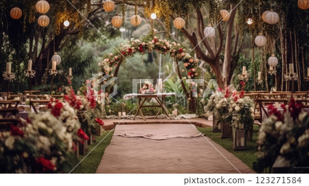 Aisle to the altar view of outdoor simple rustic wedding venue for a wedding ceremony with full of wood and flower decoration, bouquet, under the forest view and background. 123271584