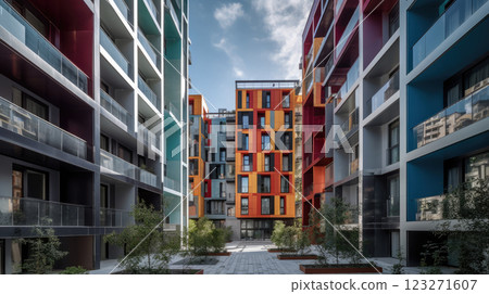 Modern Urban Residential Architecture or apartment complex, Vibrant Colored Facades, Contemporary Housing Design, Photographed in Daylight at a Newly Developed Area 123271607