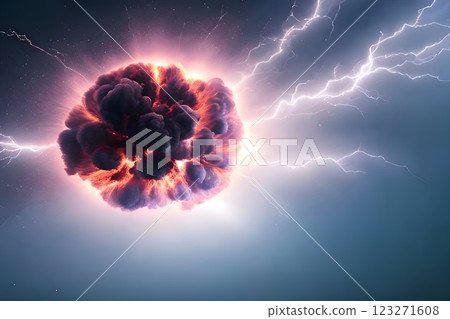 Majestic Cosmic Event Captured at Night, A Supernova Explosion Illuminates the Dark Sky with Vibrant Colors and Electric Discharges 123271608
