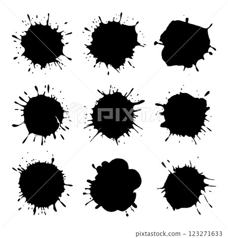 A set of black ink splashes in different sizes and shapes. Expressive blot textures on a white background. 123271633