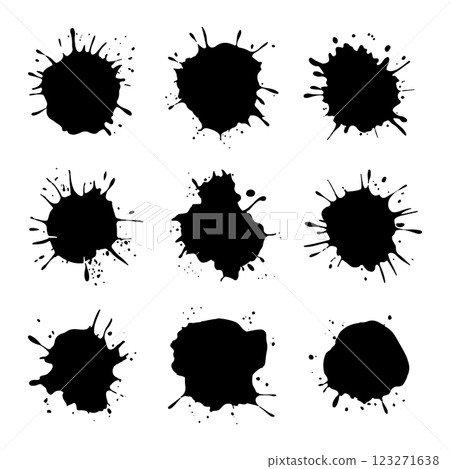 A collection of black ink splashes arranged in a grid-like structure with rough textures. 123271638