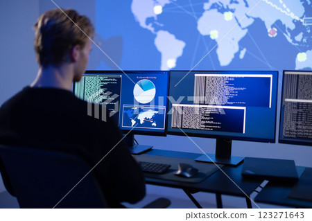 Back View in the Cyber Security Control Center Operator Working. Multiple Screens Showing Technical Data and Alerts. Back View in the Cyber Security Control Center Operator Working. Multiple Screens Showing Technical Data and Alerts. 123271643