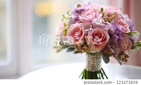 Beautiful flower bouquet for express love in a valentine day, anniversary, casual date, romantic dinner, wedding ceremony, table reception or special love event. 123271659