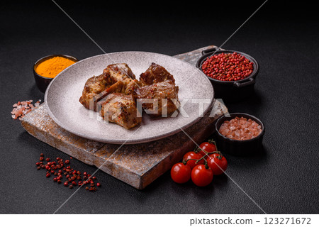 Delicious grilled chicken, turkey or pork skewers with salt, spices and herbs 123271672