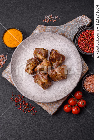 Delicious grilled chicken, turkey or pork skewers with salt, spices and herbs 123271674