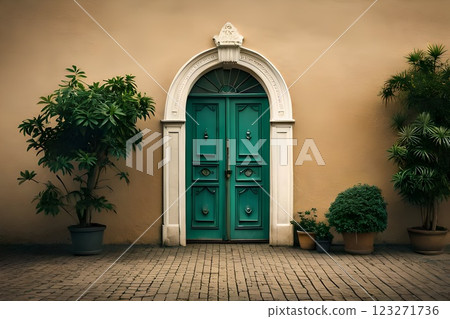 Green Old vintage wooden victorian european front door or back door and a window as a backdrop or background design element. Green Old vintage wooden victorian european front door or back door and a window as a backdrop or background design element. 123271736