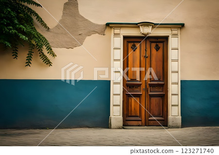 Blue old vintage wooden victorian european front door or back door and a window as a backdrop or background design element. Blue old vintage wooden victorian european front door or back door and a window as a backdrop or background design element. 123271740