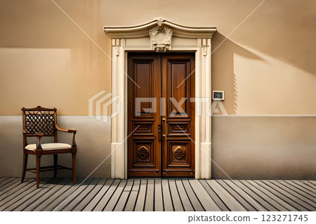 Old vintage wooden victorian european front door or back door and a window as a backdrop or background design element. Old vintage wooden victorian european front door or back door and a window as a backdrop or background design element. 123271745