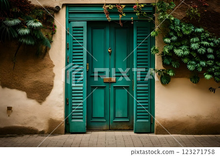 Blue old vintage wooden victorian european front door or back door and a window as a backdrop or background design element. Blue old vintage wooden victorian european front door or back door and a window as a backdrop or background design element. 123271758