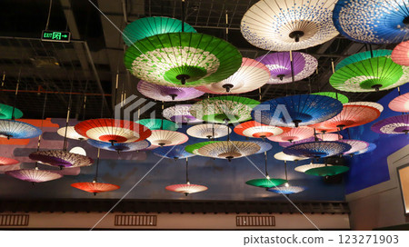 Colorful hanging Japanese umbrella paper indoor decoration. Colorful hanging Japanese umbrella paper indoor decoration. 123271903