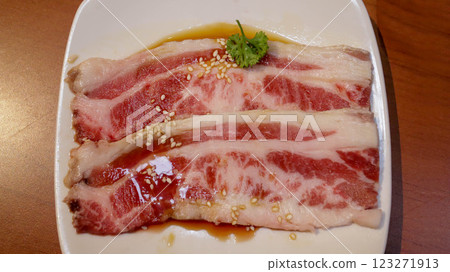 Slice of fresh beef or pork meat present in a white plate for grill, barbeque, and hot pot. Japanese Wagyu Yakiniku beef slice. Slice of fresh beef or pork meat present in a white plate for grill, barbeque, and hot pot. Japanese Wagyu Yakiniku beef slice. 123271913