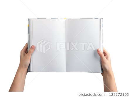 A person holding an open, blank book or journal with both hands, showcasing clean, white pages. A person holding an open, blank book or journal with both hands, showcasing clean, white pages. 123272105