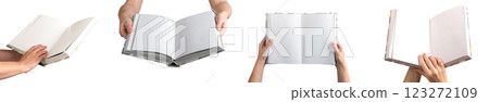 A person holding an open, blank hardcover book, showcasing clean, white pages for writing, design, A person holding an open, blank hardcover book, showcasing clean, white pages for writing, design, 123272109