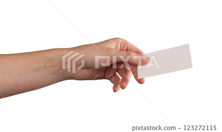 Female hand holding a blank business card, fingers gently presenting it forward. Symbolizing 123272115