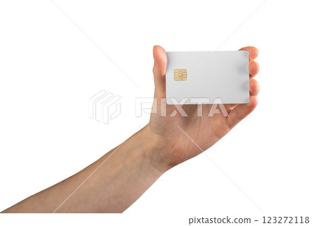 Female hand holding a blank credit card with a chip, symbolizing banking, promotions, and consumer 123272118