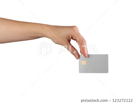 Female hand holding a blank credit card, ideal for showcasing financial services, promotions, and 123272122