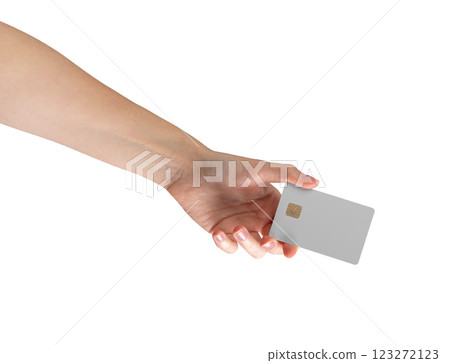Female hand holding a blank credit card, ideal for showcasing payment methods, banking services, and Female hand holding a blank credit card, ideal for showcasing payment methods, banking services, and 123272123