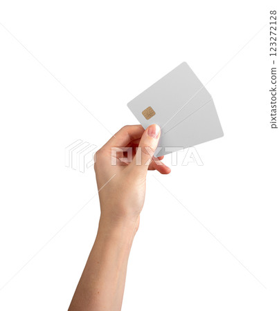 Female hand holding a blank credit card, showcasing electronic payment, transfer services, and Female hand holding a blank credit card, showcasing electronic payment, transfer services, and 123272128