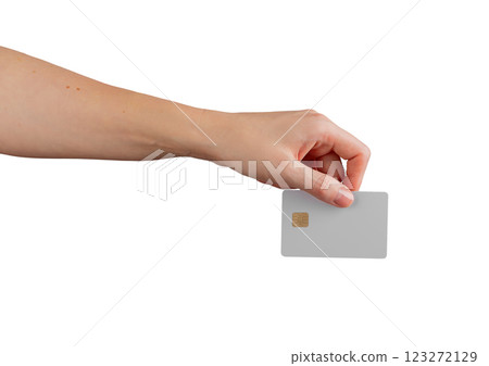 Female hand holding a blank credit card, showcasing financial services and promotions. Ideal for Female hand holding a blank credit card, showcasing financial services and promotions. Ideal for 123272129