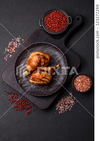 Delicious grilled chicken legs with spices and herbs in teriyaki sauce 123272269
