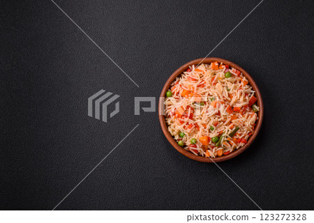 Boiled rice with vegetables, salt and spices Boiled rice with vegetables, salt and spices 123272328