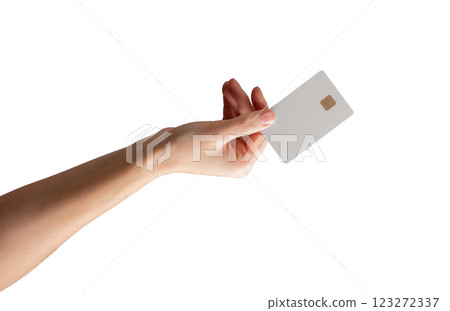 Female hand holding a blank credit card, showcasing it as a symbol of payment, promotion, or banking Female hand holding a blank credit card, showcasing it as a symbol of payment, promotion, or banking 123272337