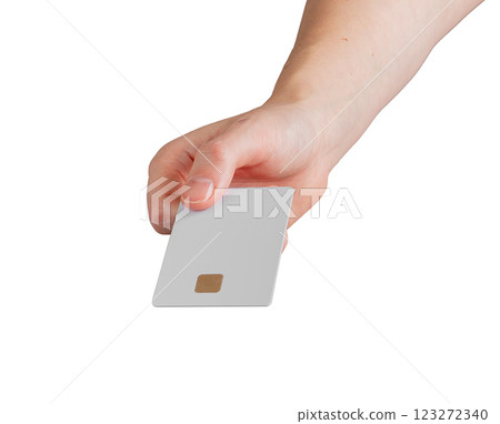 Female hand holding a blank credit card, slightly tilted to showcase payment and financial services. Female hand holding a blank credit card, slightly tilted to showcase payment and financial services. 123272340