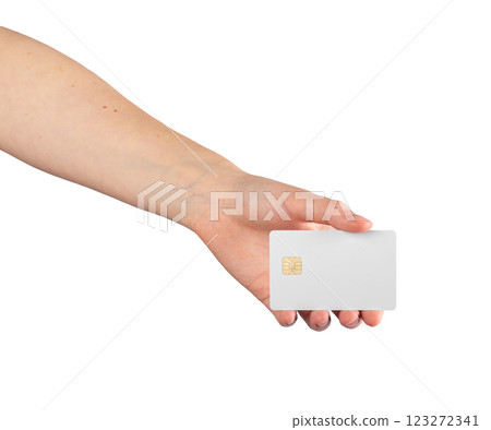 Female hand holding a blank credit card, symbolizing a financial offer, advertising, or promotional Female hand holding a blank credit card, symbolizing a financial offer, advertising, or promotional 123272341