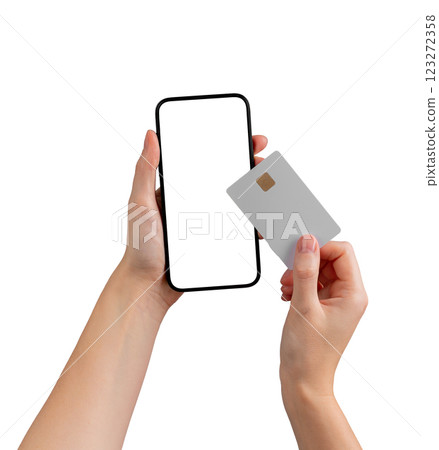 Female hand holding a blank smartphone, ideal for showcasing payment methods, mobile apps, and 123272358