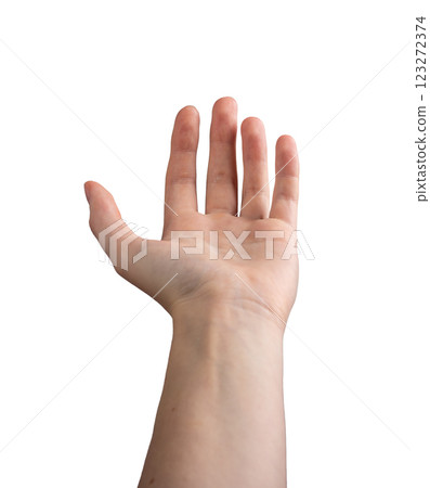 Female hand outstretched with a slightly curved palm, fingers extended in an inviting or requesting 123272374