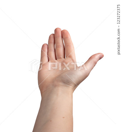 Female hand outstretched with an open palm, fingers extended as if offering, requesting, or seeking 123272375