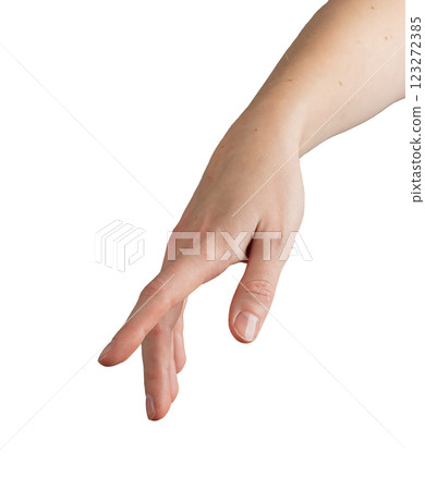 Female hand with index finger elegantly extended, gently pressing or selecting an invisible button. Female hand with index finger elegantly extended, gently pressing or selecting an invisible button. 123272385