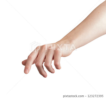 Female hand with index finger outstretched, pointing downward as if pressing or selecting an Female hand with index finger outstretched, pointing downward as if pressing or selecting an 123272395