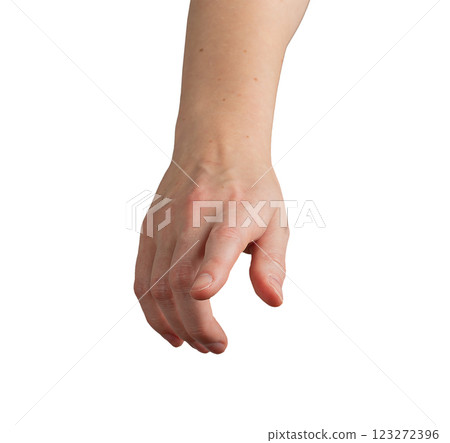 Female hand with index finger outstretched, pointing forward as if selecting or indicating something 123272396