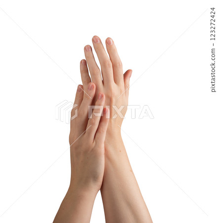 Female hands with sleek, polished nails, demonstrating perfect manicure and beauty care. Symbolizing 123272424