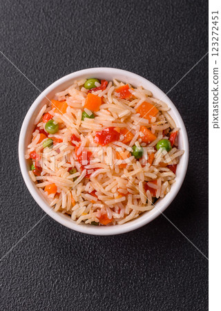 Boiled rice with vegetables, salt and spices 123272451