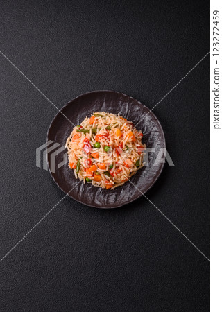 Boiled rice with vegetables, salt and spices 123272459