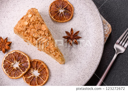 Piece of sweet layer cake Napoleon with custard 123272672