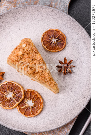 Piece of sweet layer cake Napoleon with custard Piece of sweet layer cake Napoleon with custard 123272673