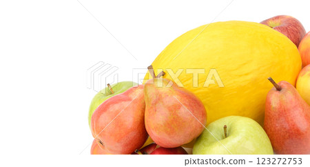 Set of fruits isolated on a white. Free space for text. Wide photo. 123272753