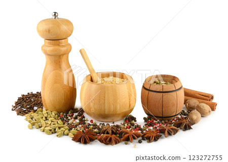 Pepper grinder mills and spice set isolated on white background. Pepper grinder mills and spice set isolated on white background. 123272755
