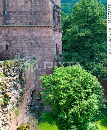 An ancient, partially ruined brick structure from Heidelberg Castle in Germany, with large arched windows framed by weathered stone An ancient, partially ruined brick structure from Heidelberg Castle in Germany, with large arched windows framed by weathered stone 123272758